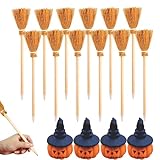 AMSNINK 16 Stück Halloween Mitgebsel Kinder, 12 Hexenbesen Holzbleistifte und 4 Kürbisgummi, Holzbleistift Besenstiel, Hexenbesen Kinder Bleistift, Bleistift für Hexenparty, Partysgeschenk