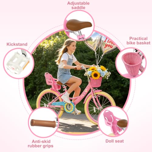 Image of Glaf Toddler Girls Bike for Age 2-9 Years 12 14 16 20 Inch | Kids Toddler Bike,Girls Bicycle,Doll Seat, Basket, Adjustable Seat, Bell,
