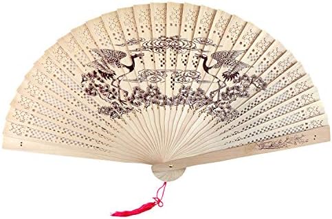 SPG Wooden Folding Fan Hand-Crafted Japanese/Chinese Vintage Style or Wedding Decoration, Birthdays, Home Gifts (Crane)