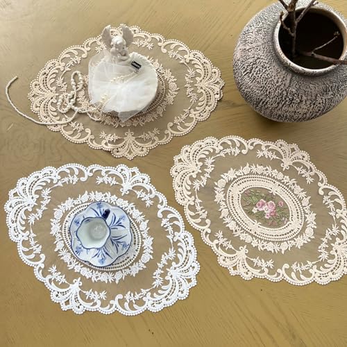 Image of 2 Pack Retro Lace Placemats, French Crochet Doilies, Fashionable Embroidered Cup Mat Vase Mats, Handmade Embroidered Table Mats 12x16-in Beige Place Mats Cup Mat (White)