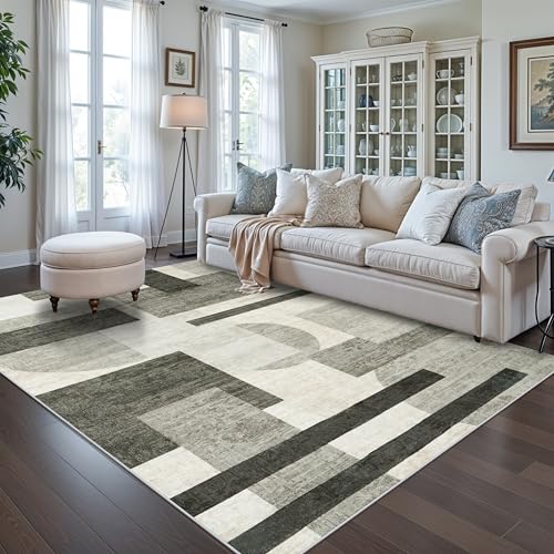 TOPRUUG 6x9 Washable Area Rug: Modern Geometric Soft Low Pile Carpet for Living Room Bedroom Dinning Room Office Non-Slip & Stain Resistance Rug for High Traffic Area (Beige/Olive Green/Gray, 6x9)