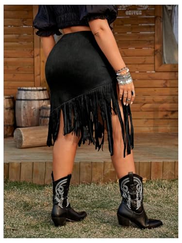 MakeMeChic Women's Plus Size Fringe Skirt Elastic High Waist Tassel Bodycon Short Skirts2