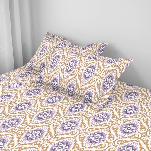 Image of Welspun ENZO Queen Size Fitted Bedsheet with 2 Pillow Covers | 360 Elastic | 100% Pure Cotton | 60 x 78 Inches | Soft, Breathable, Lightweight & Easy Care | Coral Gold