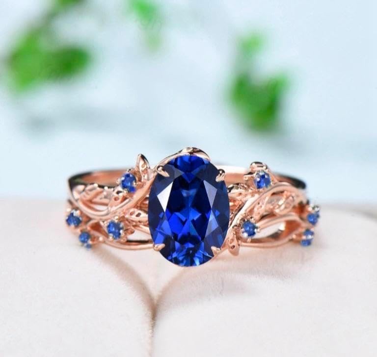 Vintage blue sapphire wedding ring set Leaf twig engagement ring set Art deco Nature Inspired rose gold bridal set for women anniversary ring set