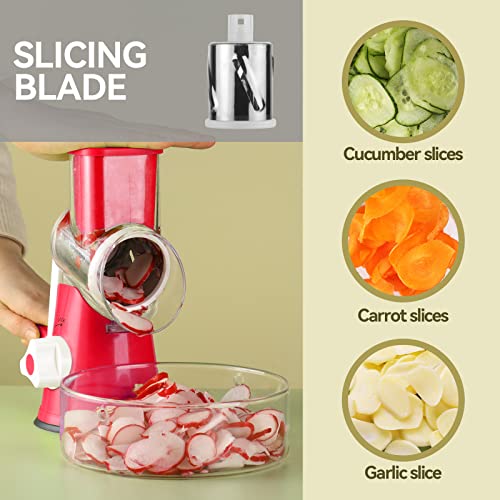 Edefisy Rotary Cheese Grater - 3-In-1 Stainless Steel Manual Drum Slicer, Rotary Graters For Kitchen, Food Shredder For Vegatables, Nuts And Chocolate (Red) #TOP2