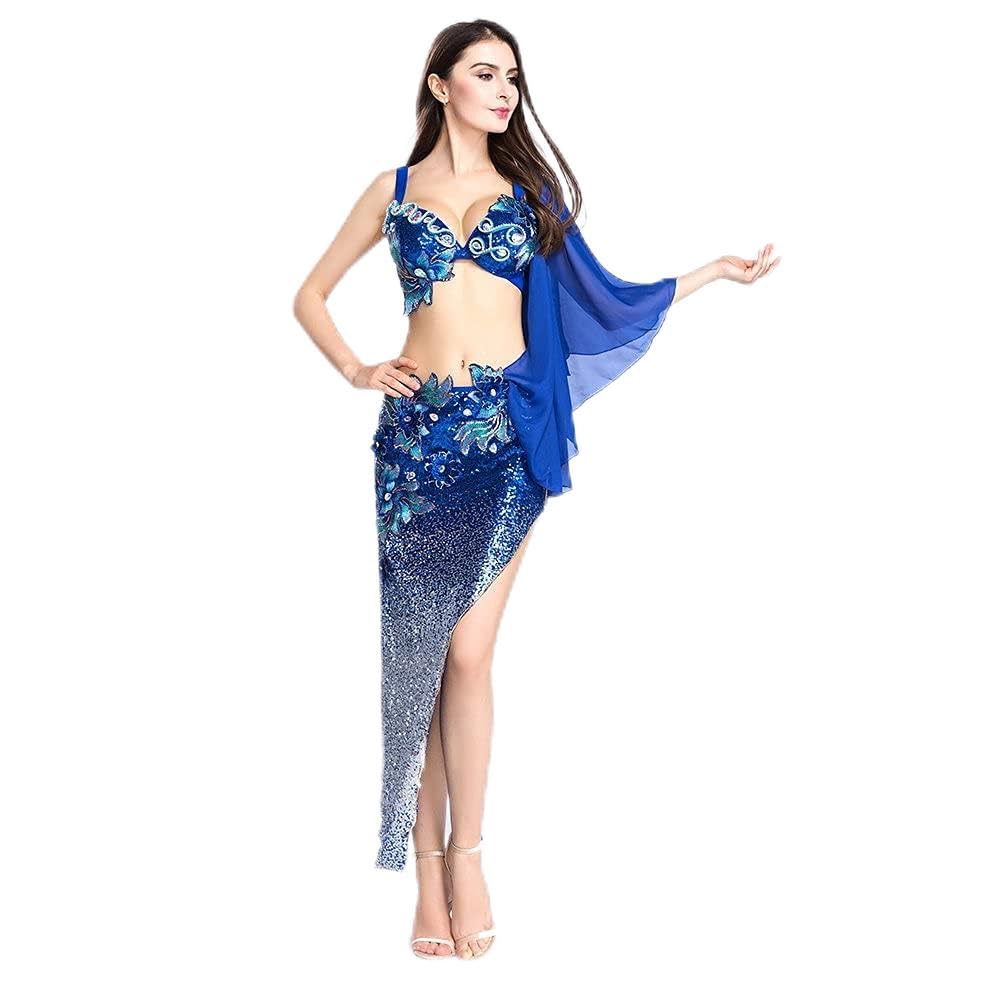 ROYAL SMEELA Seksowne kostiumy Bellydance dla tancerza brzucha biustonosz szal spódnica gradientowa cekinowa sukienka do tańca brzucha strój syrenki strój do tańca brzucha strój karnawałowy kostium kobiety orientalne kostiumy do tańca brzucha zestaw, Ciem
