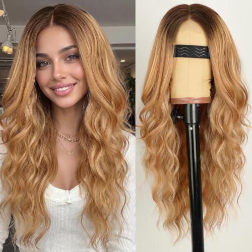 Image of AISI HAIR Dark Root Honey Blonde Wavy Wig with Soft Pink Ends for Women, Long Wavy Lace Hairline Middle Part Synthetic Heat Resistant Wig for Daily Party-26 Inch