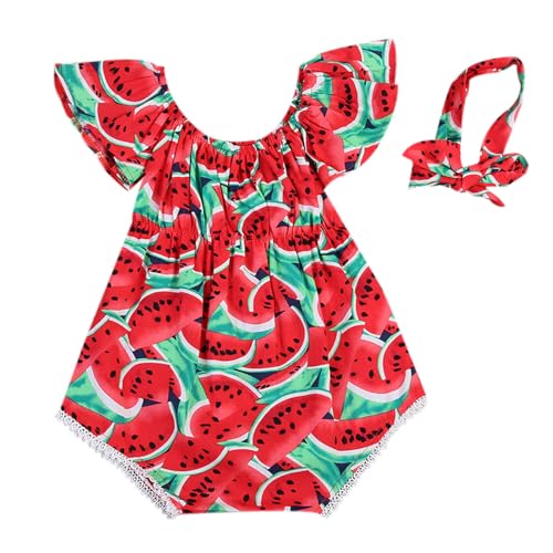 Toddler Baby Girl Romer Outfit Summer Watermelon Printing One Piece Bodysuit Jumpsuit Clothes with Headband 0-3Y