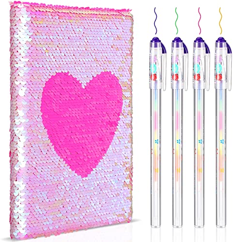 Image of Outus 4 Pcs Sequin Girls Journal Valentines Journal Gift with Color Gel Ink Pens Glitter Notebook Flip Writing Diary for Kids Girl Writing Drawing Travel Gifts(AB Color,Heart)