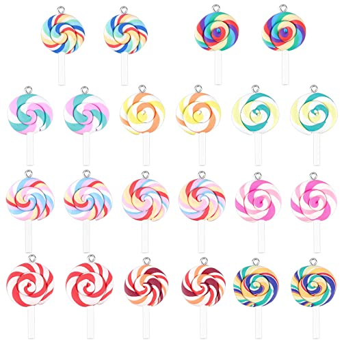 NBEADS 50 Pcs Colorful Lollipop Shape Polymer Clay Charm Pendants, RANDOM MIXED Handmade Polymer Clay Big Pendant Link Charms Food Candy Slime Beads for Phone Straps Key Bag Decor DIY Jewelry Making