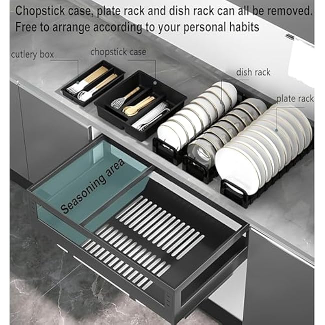 Heavy-Duty Stainless Steel Pull Out Cabinet Organiser, Adjustable Width 52-82cm,30kg Weight Capacity, 2 Drain Pans, Storage for Pots,Pans & Toiletries