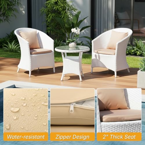 Image of DEVOKO 3 Piece White Rattan Outdoor Patio Bistro Set with Cream Cushion & Glass Top Table Ideal for Balcony, Garden, Deck, Lawn, Poolside