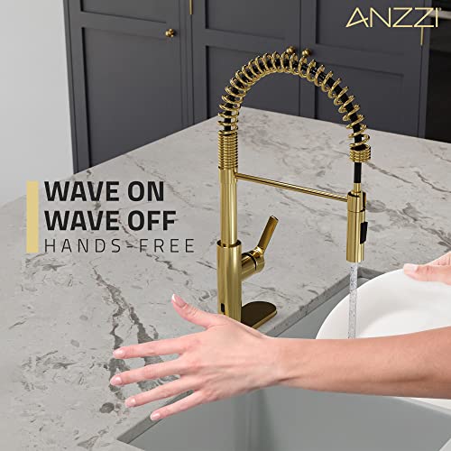 Anzzi Touchless Kitchen Faucet With Pull Down Sprayer, Motion Sensor, Hands Free, Single Handle Stainless Steel Spring Kitchen Sink Faucet, With Matching Deck Plate, Brushed Gold (Kf-Az303Bg) #TOP1