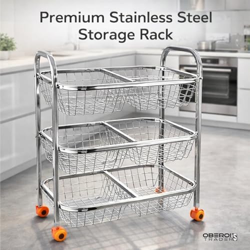 Image of OBEROI'S TRADERS Stainless Steel Vegetable & Fruit Storage Rack with Wheels, Kitchen Storage Basket Organizer, Rust Proof Stand for Onion, Potato, Fruits & Vegetables Trolley (3 Rack with 6 Partition)