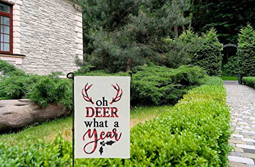 Hosnye Oh Deer, What A Year Garden Flags Double Sided Yard Flags Merry Christmas Buffalo Plaid Xmas Deer Red Tartan Checkered Winter Garden Flags 12X18 Inch For Yard Outdoor Decor #TOP3