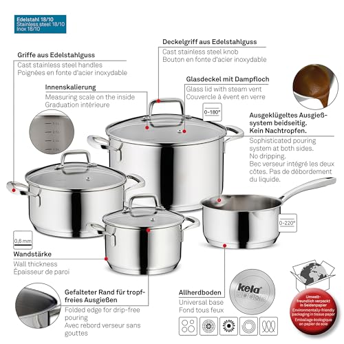 kela pot set induction 4-piece FLAVORIA, cooking pot set with glass lid with steam outlet valve, inner scale, uncoated - Image 4