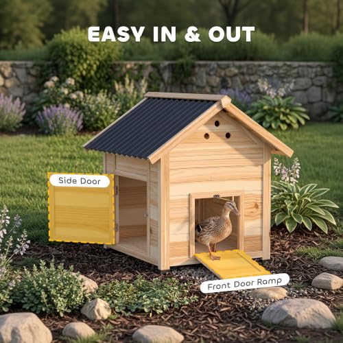Image of PawHut Duck Coop, Wooden Duck House, Outdoor Small Animal House with Openable Roof, Double Doors, Removable Base for 1-3 Ducks, Chickens, Rabbits, Cats, Natural Wood