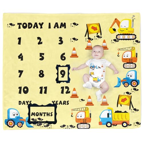 Image of Construction Vehicle Excavator Baby Blanket - Newborn Photo Month Blanket with 2 Frames