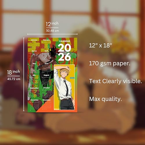 Image of 2026 Anime Calendar - Denji from Chainsaw Man | 12 inch x 18 inch size | Wall Decoration Aesthetic Calendars