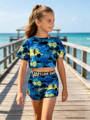 Image of Betusline Girls Summer 2 Piece Outfits,Kids Short Sleeve Crop Top & Shorts Set with Side Pockets