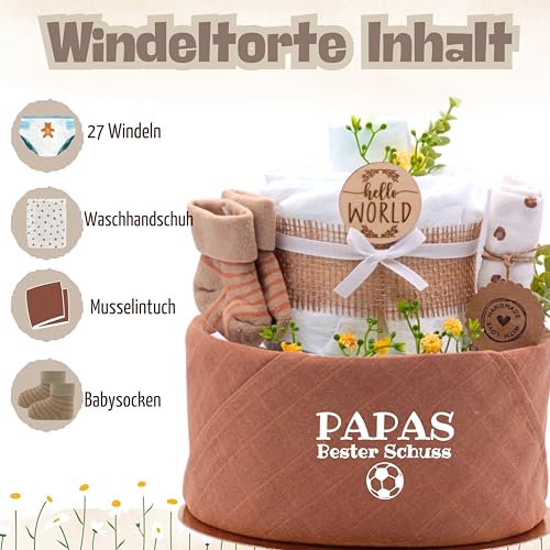 Trend Mama® | Windeltorte Boho Style | Spruch wählbar | 27 Windeln (Gr.2), Musselintuch, Socken & Waschhandschuh |Geschenk Geburt (Design| Papas bester Schuss)