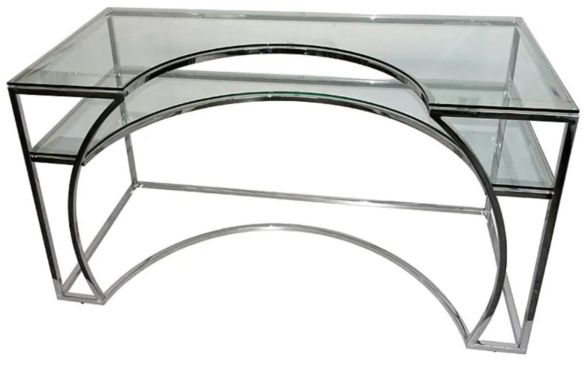 Casa Padrino luxury designer desk silver 140 x 70 x H. 75 cm - Metal office table with glass tops - Computer table - Luxury designer office furniture