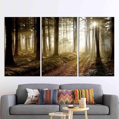 Impression sur toile chemin forestier au coucher du soleil triptyque nature 70x100 cm