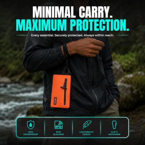 Image of Drench RFID Waterproof Floating Wallet IPX8 Dry Bag for Cards & Cash,Orange | IPX8 waterproof RFID wallet for cards, cash & keys with floating design, adjustable lanyard, belt loop & carabiner
