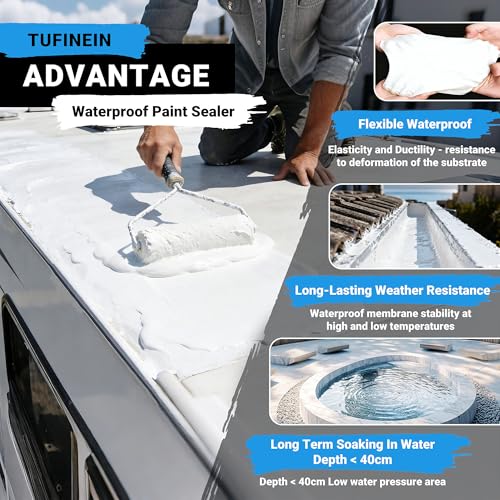 Image of Rubber Liquid Waterproof Sealant, TUFINEIN 11 LB /5 KG White Quick Drying Multi Surface Foundation Leak Repair - Roof Gutters Basement Sealer Waterproof - Indoor & Outdoor Flexible Rubber Paint