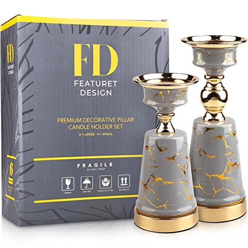 Gray And Gold Pillar Candle Holders Set Of 2 - Elegant Decorative Stands For Table Centerpiece - Sturdy And Rust-Resistant Zinc Ceramic Base For Dining Room, Living Room, Bedroom, Home Decor Accents #TOP1