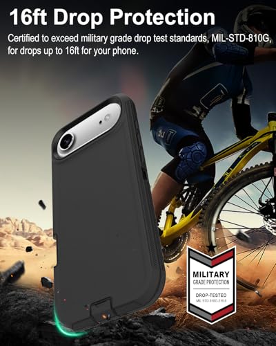 Image of for iPhone Air Case with Port Cover, Rubber Matte Finish, Black | 3-Layer Heavy Duty Armor, 16ft Drop Protection, Non-Slip Shockproof & Anti-Fingerprint