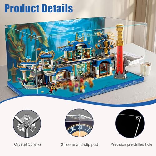 Acrylic Display Case for Lego Monkie Kid Dragon of The East Palace 80049 Building Bricks Set (Box Only, No Model), Clear Acrylic Plate with Base & HD Painted Background