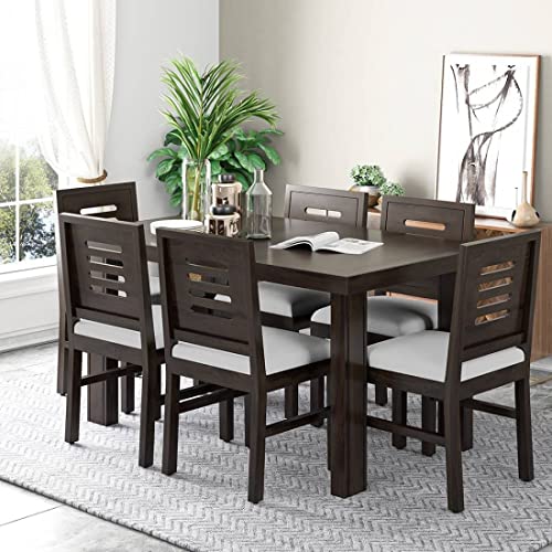 Image of SHRI MINTU'S ART Solid Sheesham Wood Dining Table 6 Seater | Six Seater Dinning Table with 6 Chairs for Home | Dining Room Sets for Kitchen & Restaurants | Chairs with Cushion | Walnut Finish