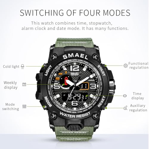 Weicam Unisex Men Dual Display with Calendar Luminous Waterproof Watch Casual Quartz Wrist Watch Digital Watch Sports Watch (Green)3