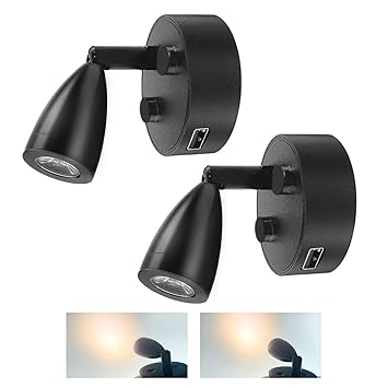 TZnponr 2PCS 12V - 24V RV LED Spotlight Small Size Reading Light USB Charging Port 360?Swivel Spotlight?Any Touch dimmable3500K Warm Light for Bedside lamp of Truck Trailer Ship (Black)