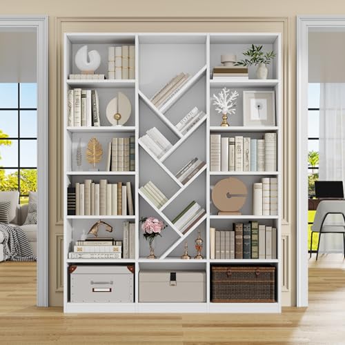 Nosepen 71" White Bookshelf, 6-Tier Floor Standing Bookcase with 13