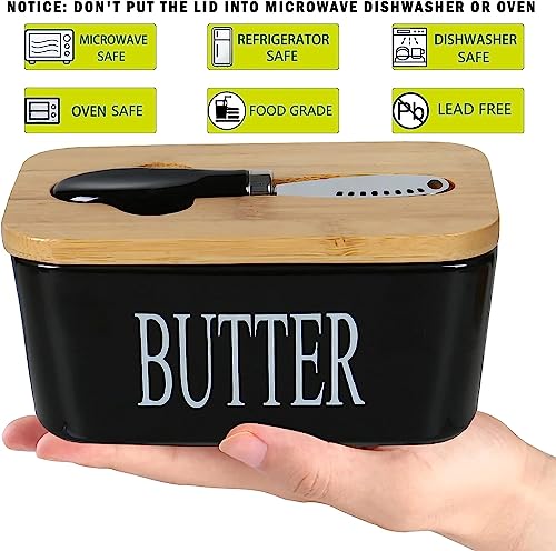Image of Ceramic Butter Dish with Wooden Lid & Stainless Steel Knife, Airtight Butter Keeper for Counter or Fridge, Double Silicone