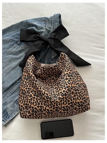 Image of QWINEE Women's Y2K Leopard Print Tote Handbag Casual Cheetah Print Canvas Shoulder Bag Bow Underarm Bag Brown One-Size