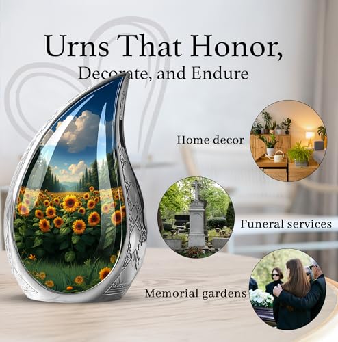 Image of Cremation Urns for Ashes Sunflowers - Large Urns for Human Ashes Adult Male - Sunflower Urn for Human Adult Man and Women - Large Decorative Urn for Mom and Dad 10inch