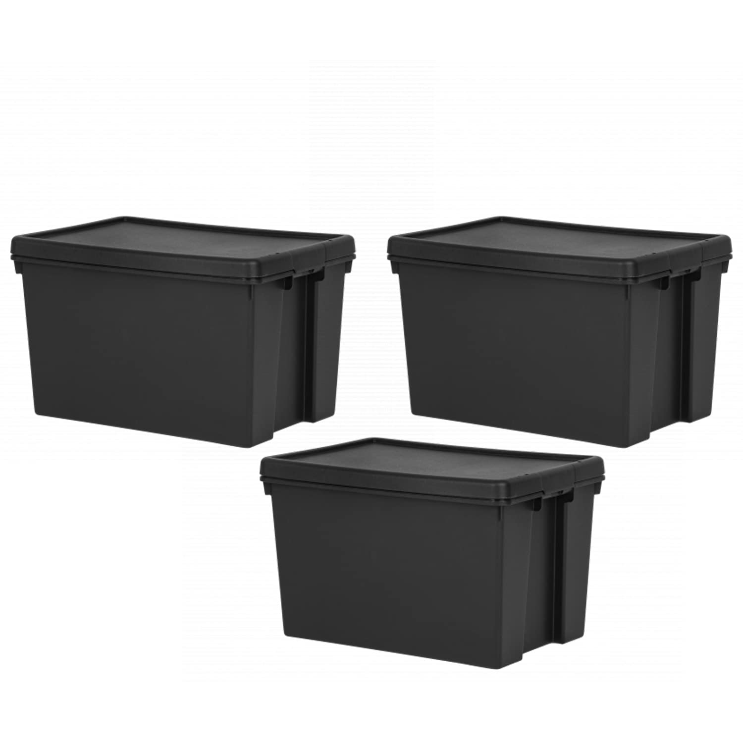M1SS Set of 3-62L Litre Bam Black Recycled Plastic Heavy Duty Storage Box With Lid Home Office Stackable Container (62L)