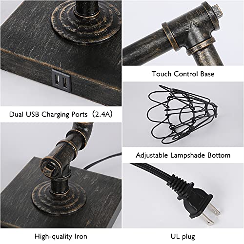 Ganiude Steampunk Table Lamp, Industrial Desk Lamp With Usb Ports, Rustic Edison Bulb Lamp #TOP2