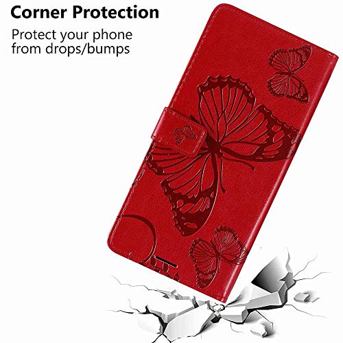 Meupzzk Wallet Case For Lg K51/Lg Q51/Lg Reflect, Embossed Butterfly Premium Pu Leather [Folio Flip][Kickstand][Card Slots][Wrist Strap][6.5 Inch] Phone Cover For Lg K51 (B-Red) #TOP5