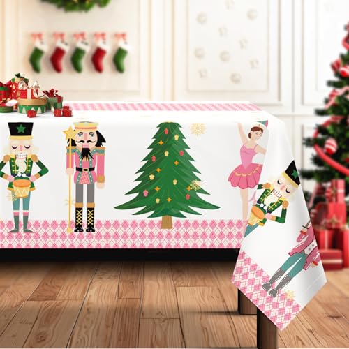 Arquiel Christmas Nutcracker Tree Tablecloth Waterproof,Pink Table Cloth Rectangle Stain Resistant