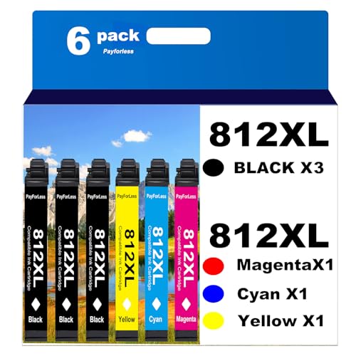 812XL Remanufactured for Epson 812XL Ink cartridges Combo Pack for Epson 812 T812 XL for Epson Workforce Pro WF-7840 WF-7820 WF-7310 EC-C7000 Printer (812XL 6 Pack 3 Black 1 Cyan 1 Magenta 1 Yellow)