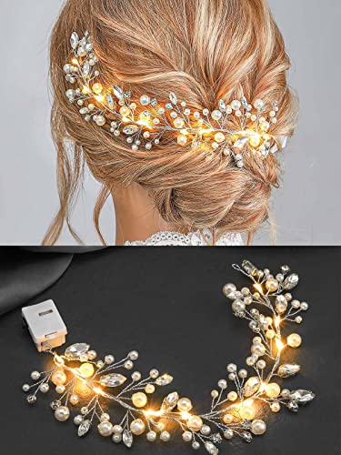 Heread Led Wedding Headpiece Silver Light Up Rhinestones Bridal Hair Vine Luminous Pearl Headband Party Festival Hair Accessorieis For Women And Brides #TOP25