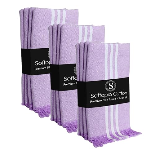 Image of Striped Kitchen Towels 12 Pack, 16x26 Inches, 100% Cotton, Absorbent Dish Towels for Kitchen Drying, Reusable Dishcloths for Cleaning, Quick Dry Wash Rags for Everyday Use - Lavender