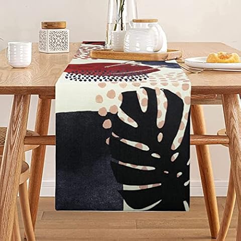 Camino de Mesa Hanrunsi de Lino de Algodón con Diseño de Hojas Tropicales Rojo Negro Azul Marino Resistente al Calor Cover