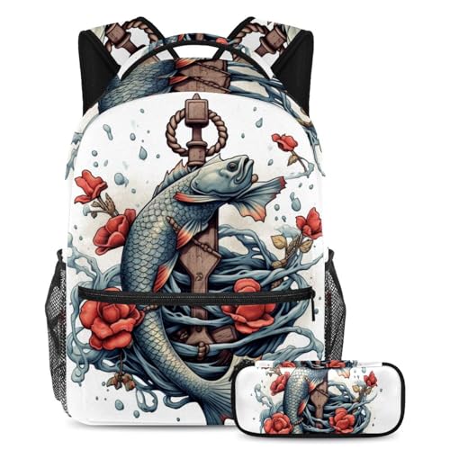 Carpe rouge vintage sac à dos grande capacité avec trousse pour voyages et lycée
