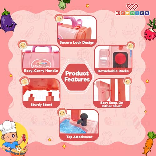 Image of Wembley 2-in-1 Kids Kitchen Set | Cooking Pretend Play Toy with 37 Pieces | Portable School Bag Style Kitchen Playset for Girls & Boys Age 2-7 | Role Play Cooking Game | Birthday Gift for Kids