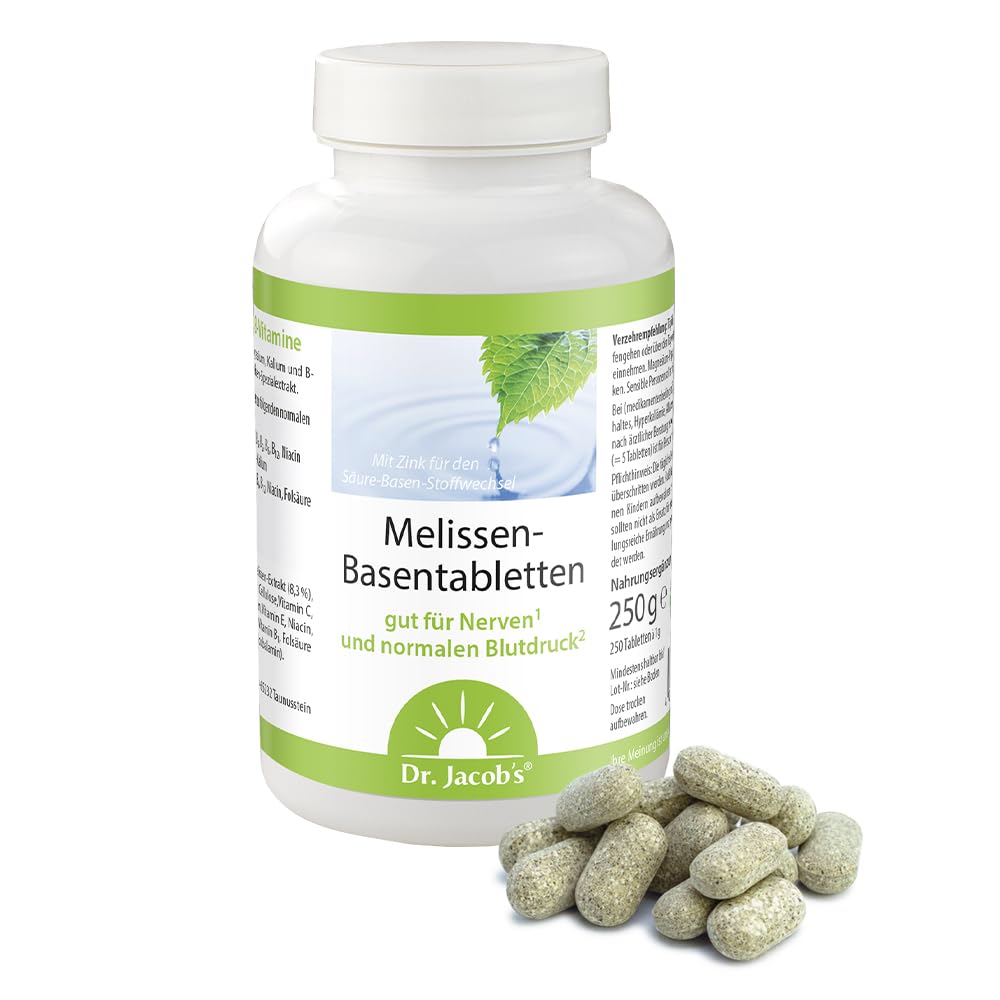 Dr. Jacob’s Melissen-Basentabletten I gut für Nerven & normalen Blutdruck* | Mit Melissenextrakt, Magnesium, Kalium, Zink, Citraten und 10 Vitaminen I für den Säure-Basen-Haushalt I 250 g(250 Tabletten)
